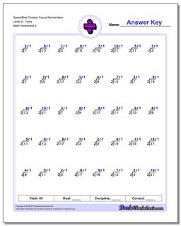 SpaceShip Division Worksheet Focus Remainders Level ATwos