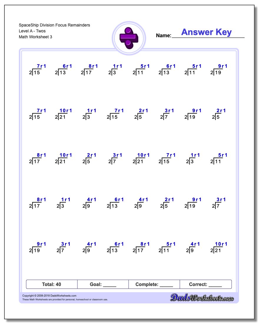 SpaceShip Division Worksheet Focus Remainders Level ATwos