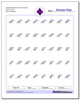 SpaceShip Division Worksheet Focus Remainders Level ATwos