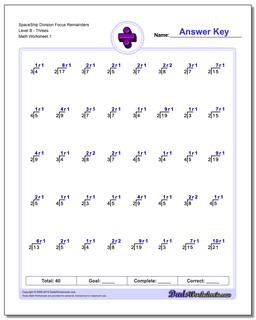 Division Worksheet SpaceShip Focus Remainders Level BThrees