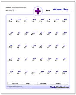 SpaceShip Division Worksheet Focus Remainders Level BThrees /worksheets/division.html