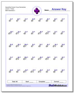 SpaceShip Division Worksheet Focus Remainders Level BThrees