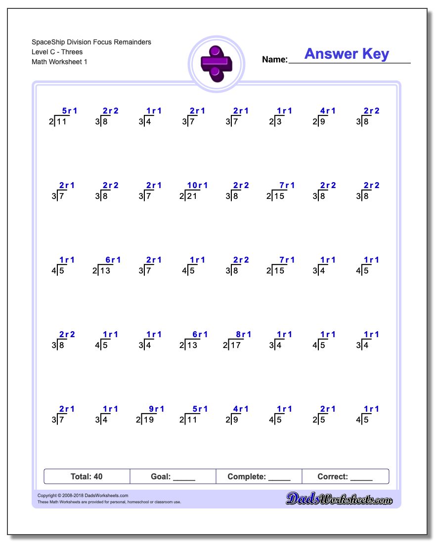 Division Worksheet SpaceShip Focus Remainders Level CThrees