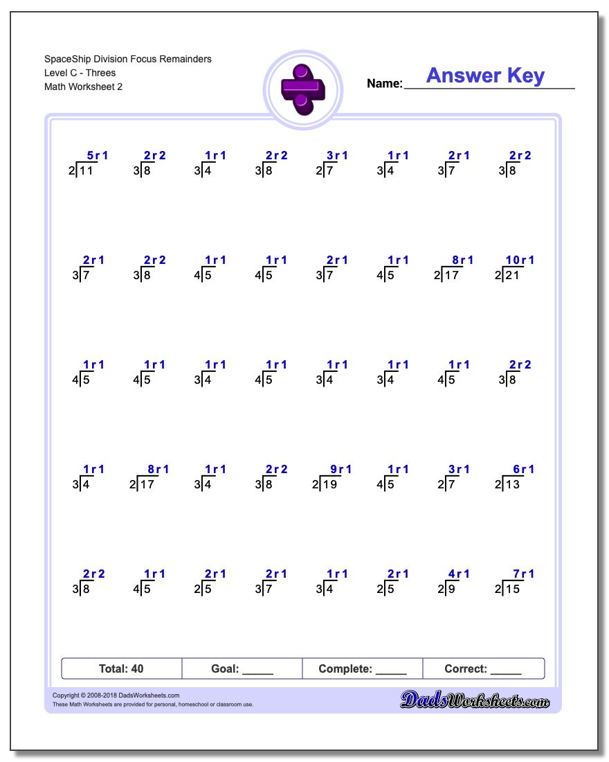 SpaceShip Division Worksheet Focus Remainders Level CThrees www.dadsworksheets.com/worksheets/division.html