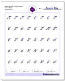 SpaceShip Division Worksheet Focus Remainders Level CThrees