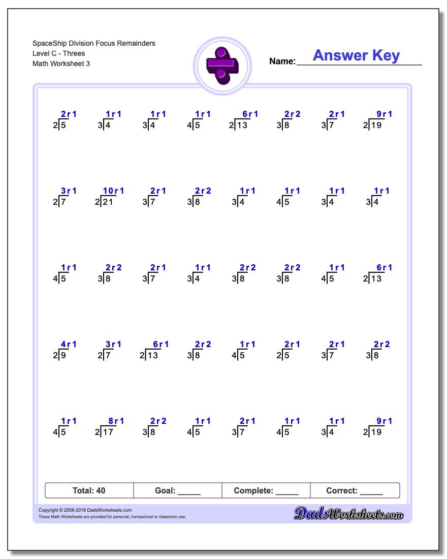 SpaceShip Division Worksheet Focus Remainders Level CThrees