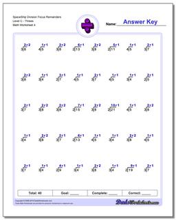 SpaceShip Division Worksheet Focus Remainders Level CThrees