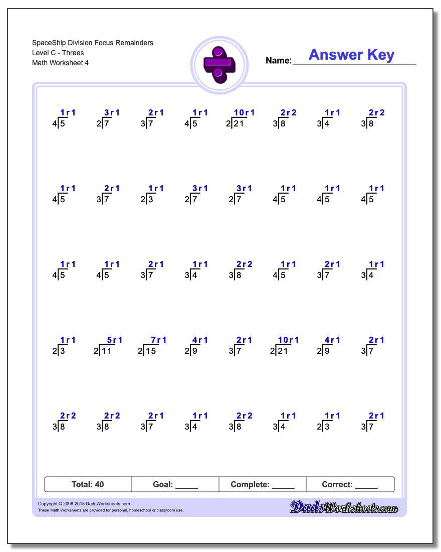 SpaceShip Division Worksheet Focus Remainders Level CThrees