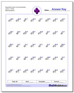 Division Worksheet SpaceShip Focus Remainders Level DThrees