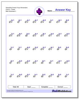 SpaceShip Division Worksheet Focus Remainders Level DThrees