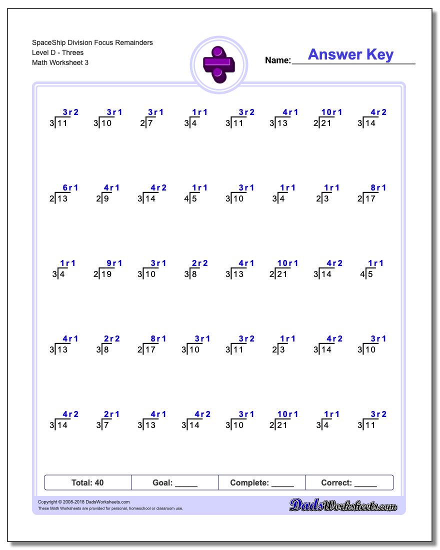 SpaceShip Division Worksheet Focus Remainders Level DThrees