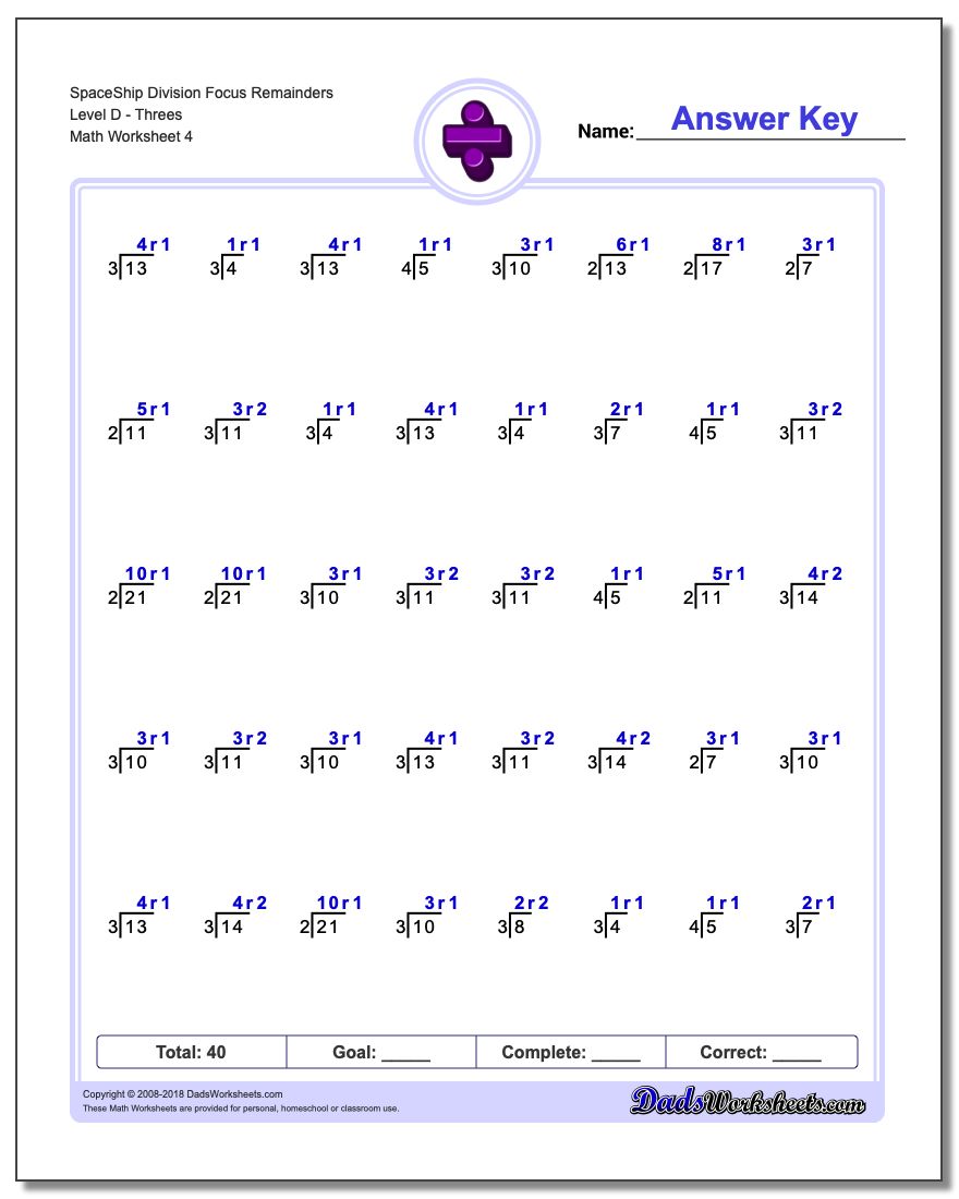 SpaceShip Division Worksheet Focus Remainders Level DThrees