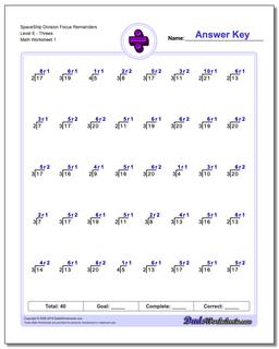 Division Worksheet SpaceShip Focus Remainders Level EThrees