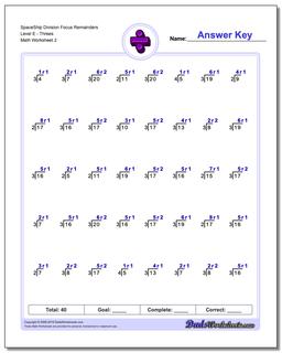 SpaceShip Division Worksheet Focus Remainders Level EThrees /worksheets/division.html