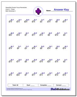 SpaceShip Division Worksheet Focus Remainders Level EThrees