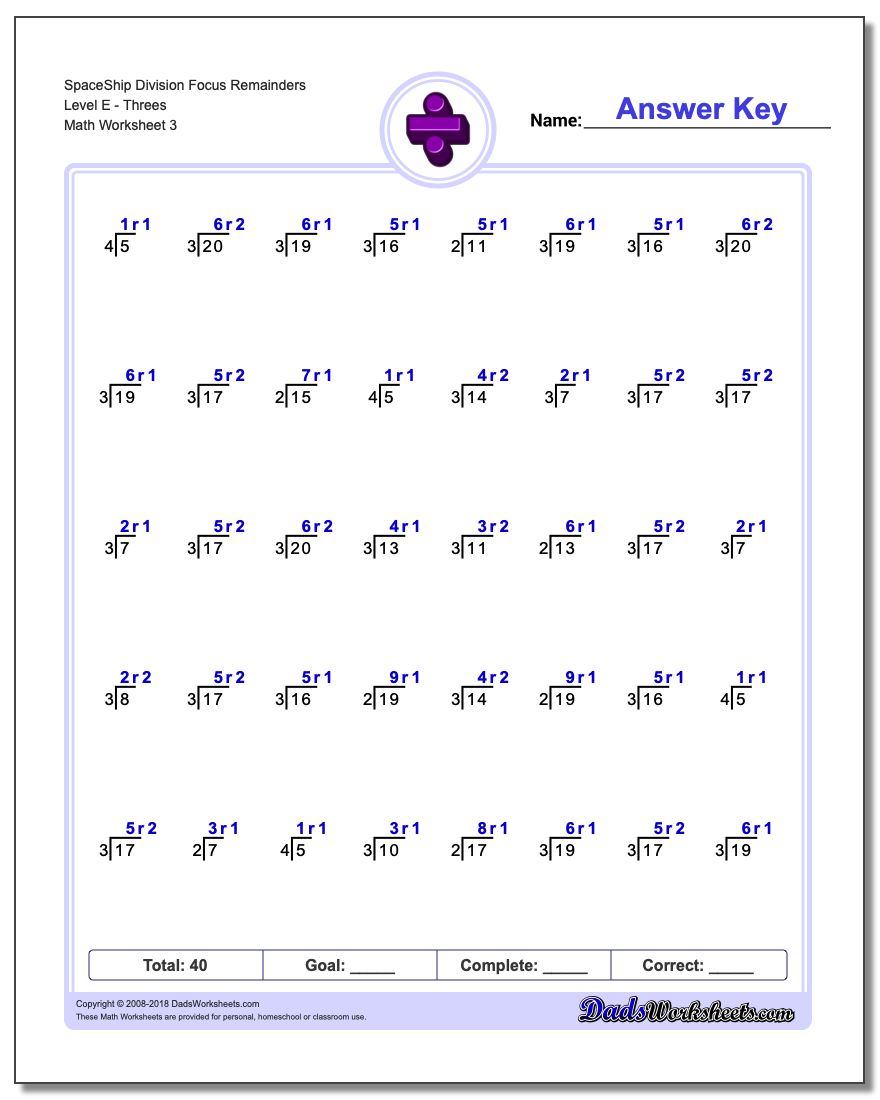 SpaceShip Division Worksheet Focus Remainders Level EThrees