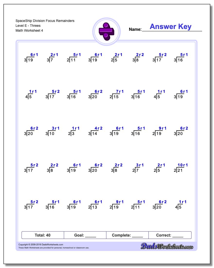 SpaceShip Division Worksheet Focus Remainders Level EThrees