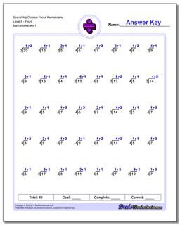 Division Worksheet SpaceShip Focus Remainders Level FFours