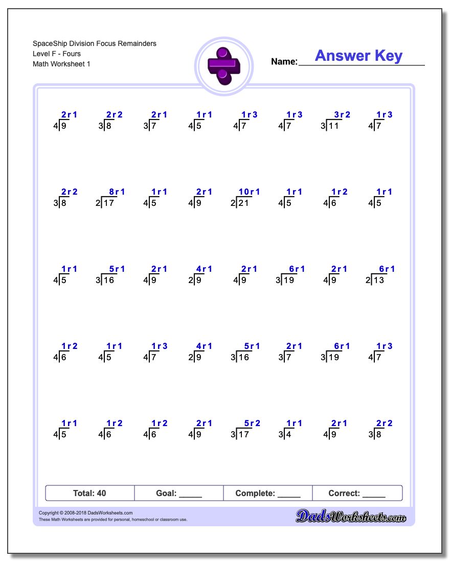 Division Worksheet SpaceShip Focus Remainders Level FFours