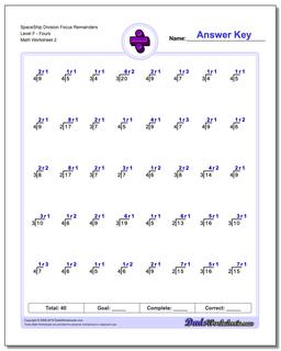 SpaceShip Division Worksheet Focus Remainders Level FFours /worksheets/division.html