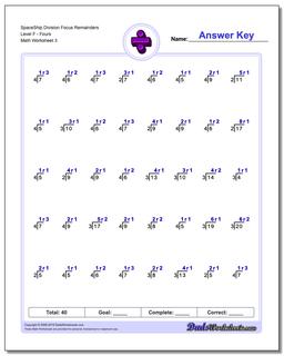 SpaceShip Division Worksheet Focus Remainders Level FFours