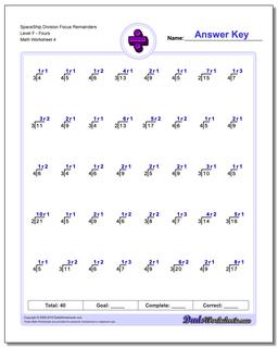 SpaceShip Division Worksheet Focus Remainders Level FFours