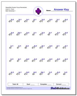 Division Worksheet SpaceShip Focus Remainders Level GFours