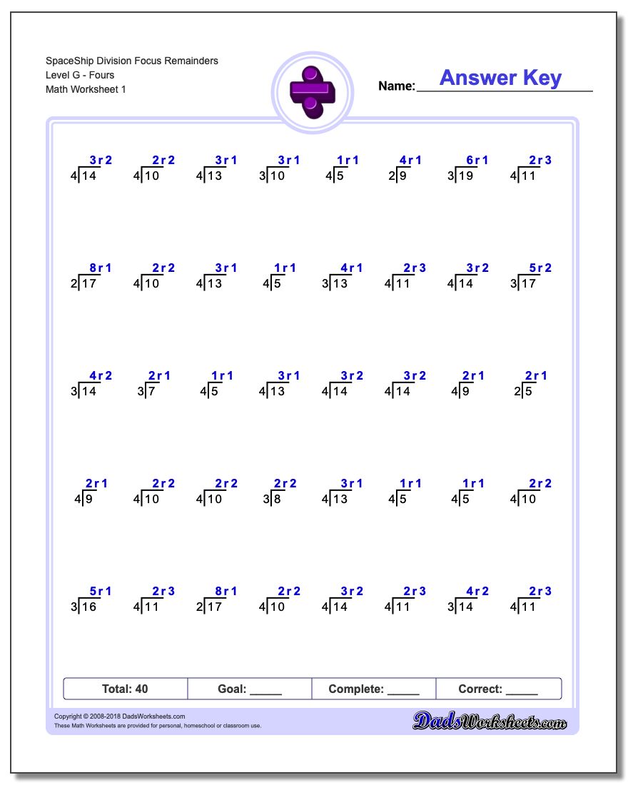 Division Worksheet SpaceShip Focus Remainders Level GFours