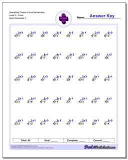 SpaceShip Division Worksheet Focus Remainders Level GFours /worksheets/division.html