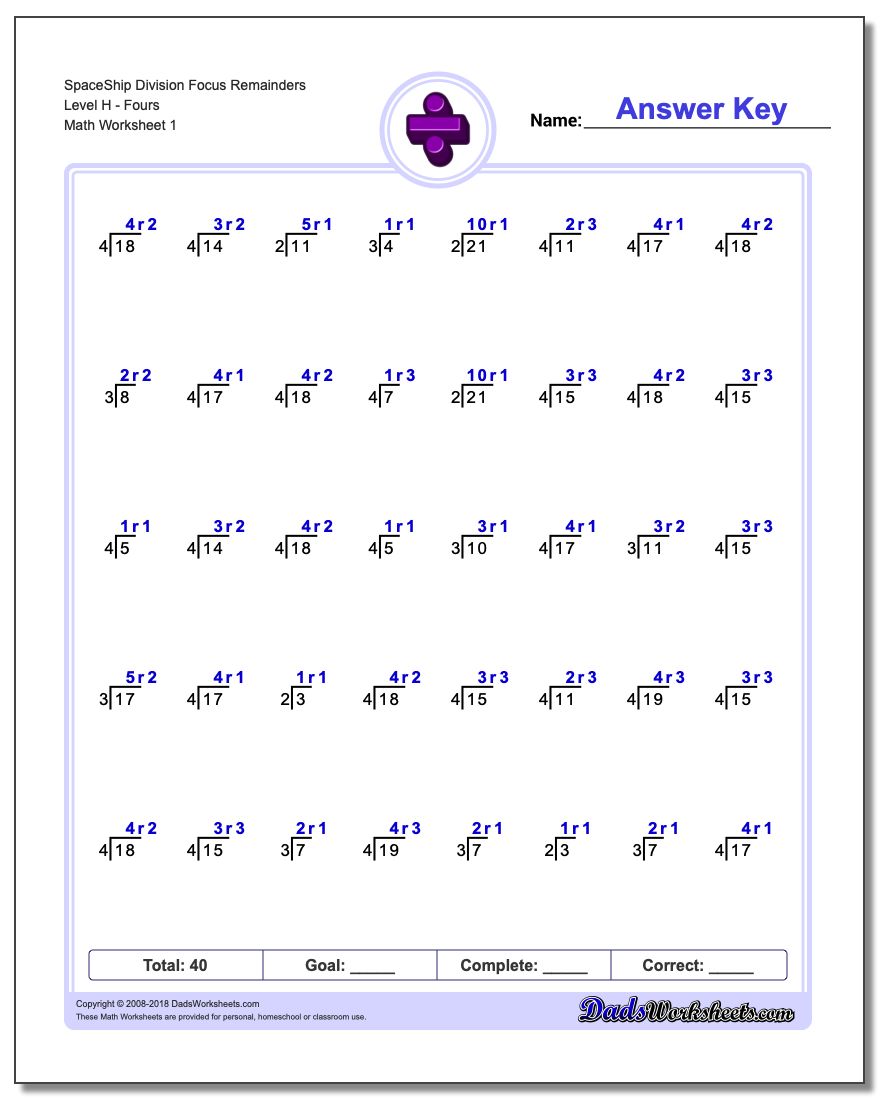 Division Worksheet SpaceShip Focus Remainders Level HFours