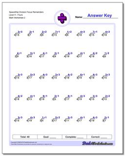 SpaceShip Division Worksheet Focus Remainders Level HFours /worksheets/division.html