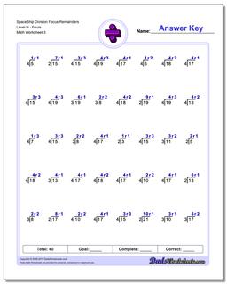 SpaceShip Division Worksheet Focus Remainders Level HFours