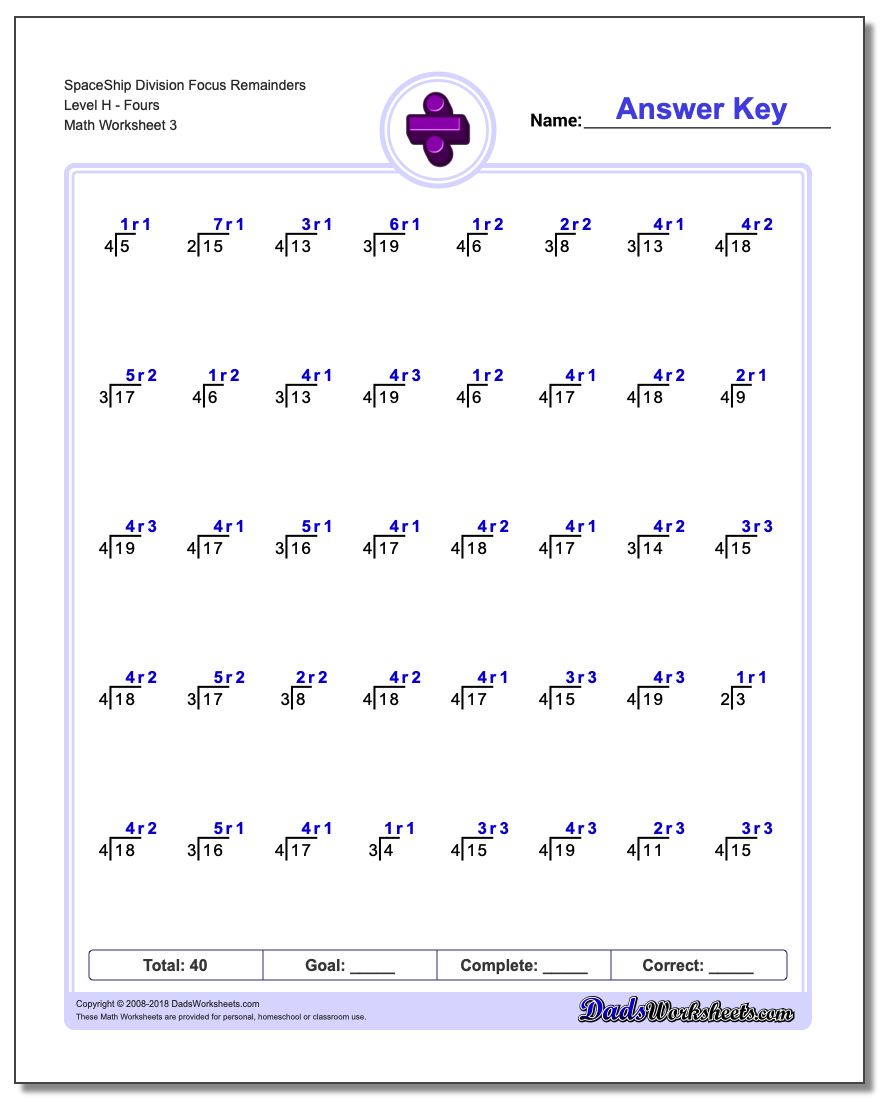 SpaceShip Division Worksheet Focus Remainders Level HFours