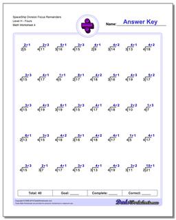 SpaceShip Division Worksheet Focus Remainders Level HFours