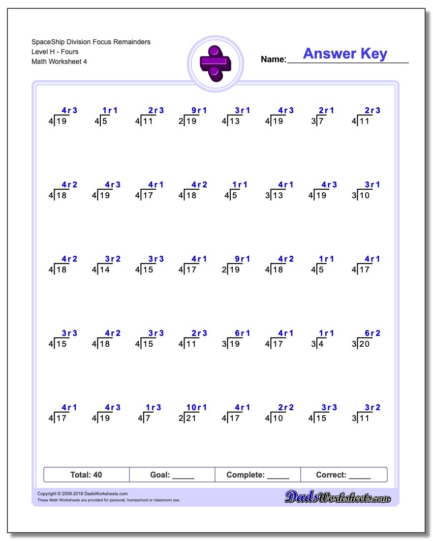 SpaceShip Division Worksheet Focus Remainders Level HFours