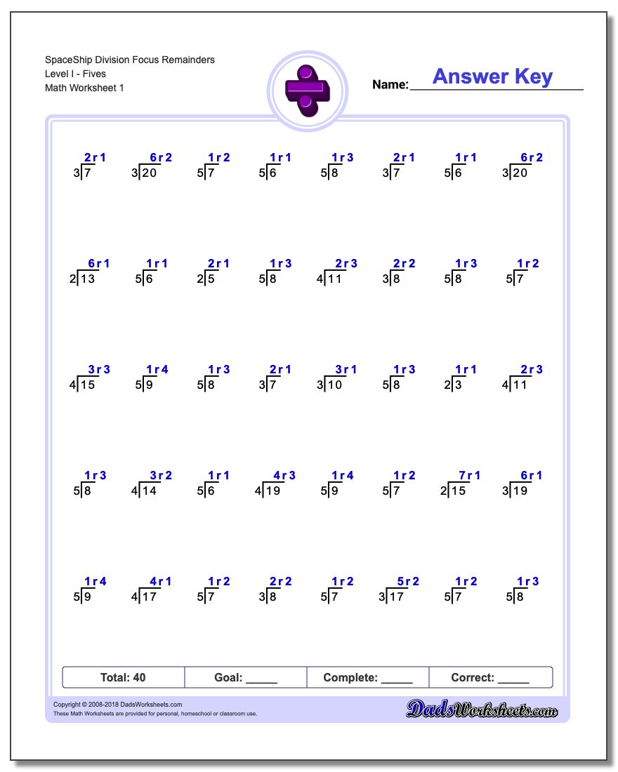 Division Worksheet SpaceShip Focus Remainders Level IFives