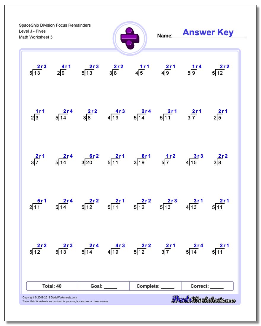 SpaceShip Division Worksheet Focus Remainders Level JFives