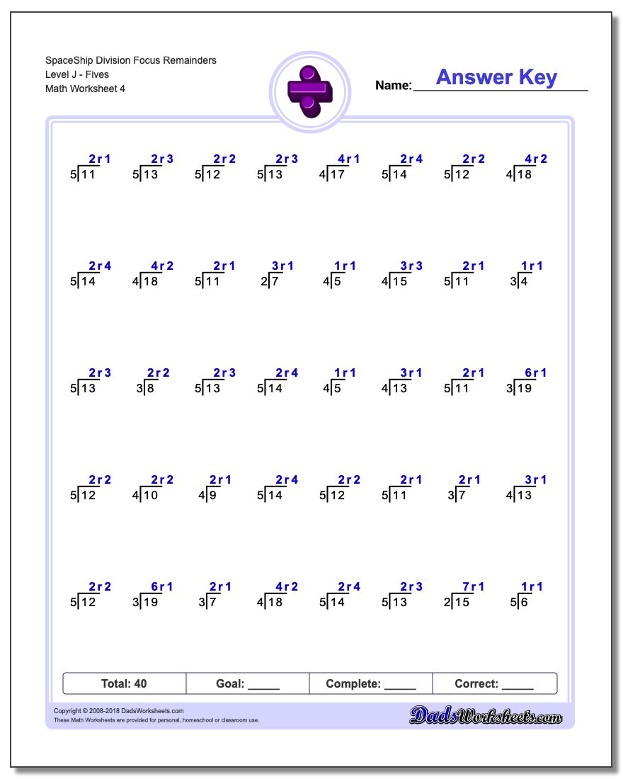 SpaceShip Division Worksheet Focus Remainders Level JFives