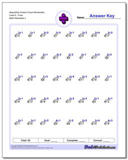 SpaceShip Division Worksheet Focus Remainders Level KFives /worksheets/division.html