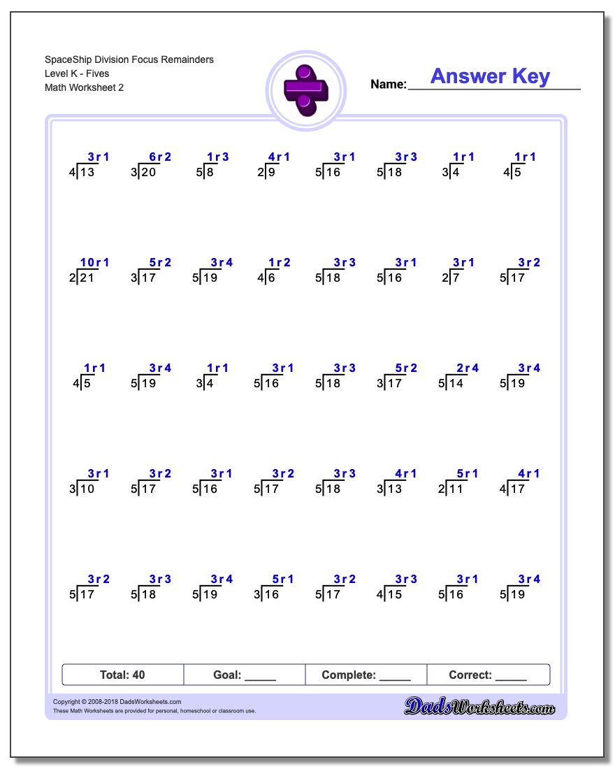 SpaceShip Division Worksheet Focus Remainders Level KFives www.dadsworksheets.com/worksheets/division.html