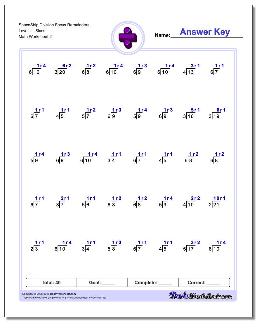 SpaceShip Division Worksheet Focus Remainders Level LSixes www.dadsworksheets.com/worksheets/division.html