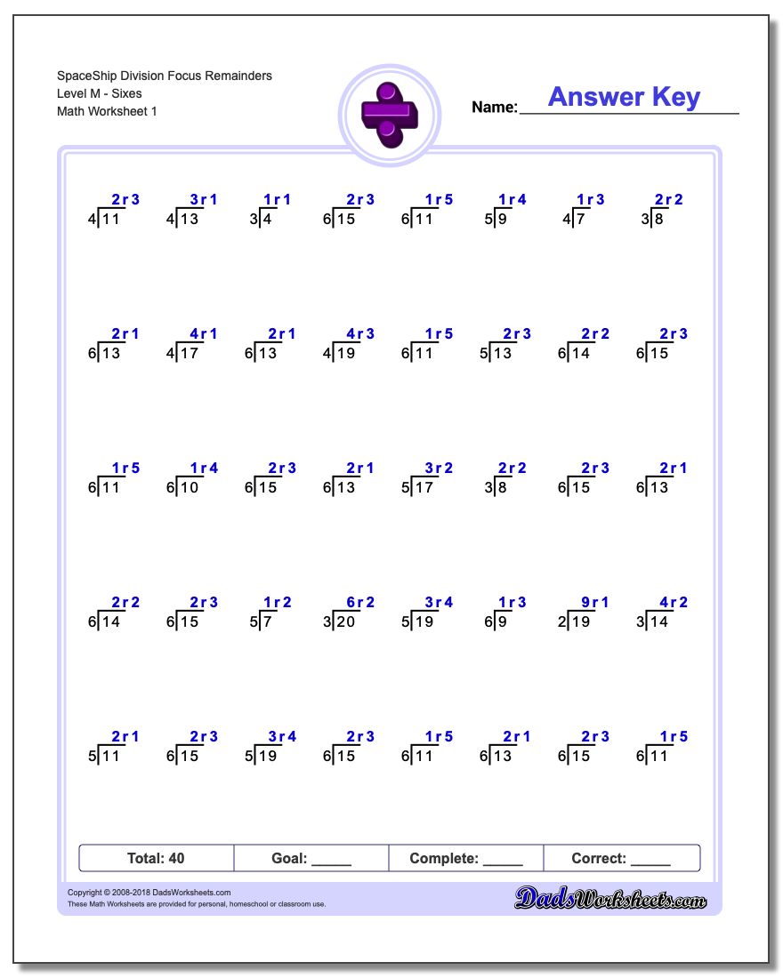 Division Worksheet SpaceShip Focus Remainders Level MSixes