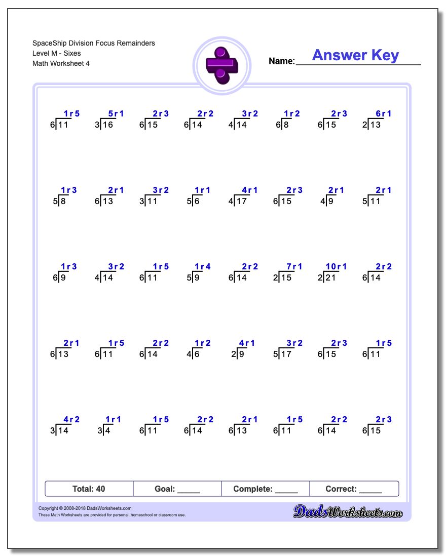SpaceShip Division Worksheet Focus Remainders Level MSixes
