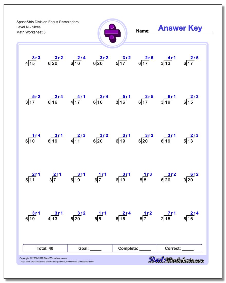 SpaceShip Division Worksheet Focus Remainders Level NSixes