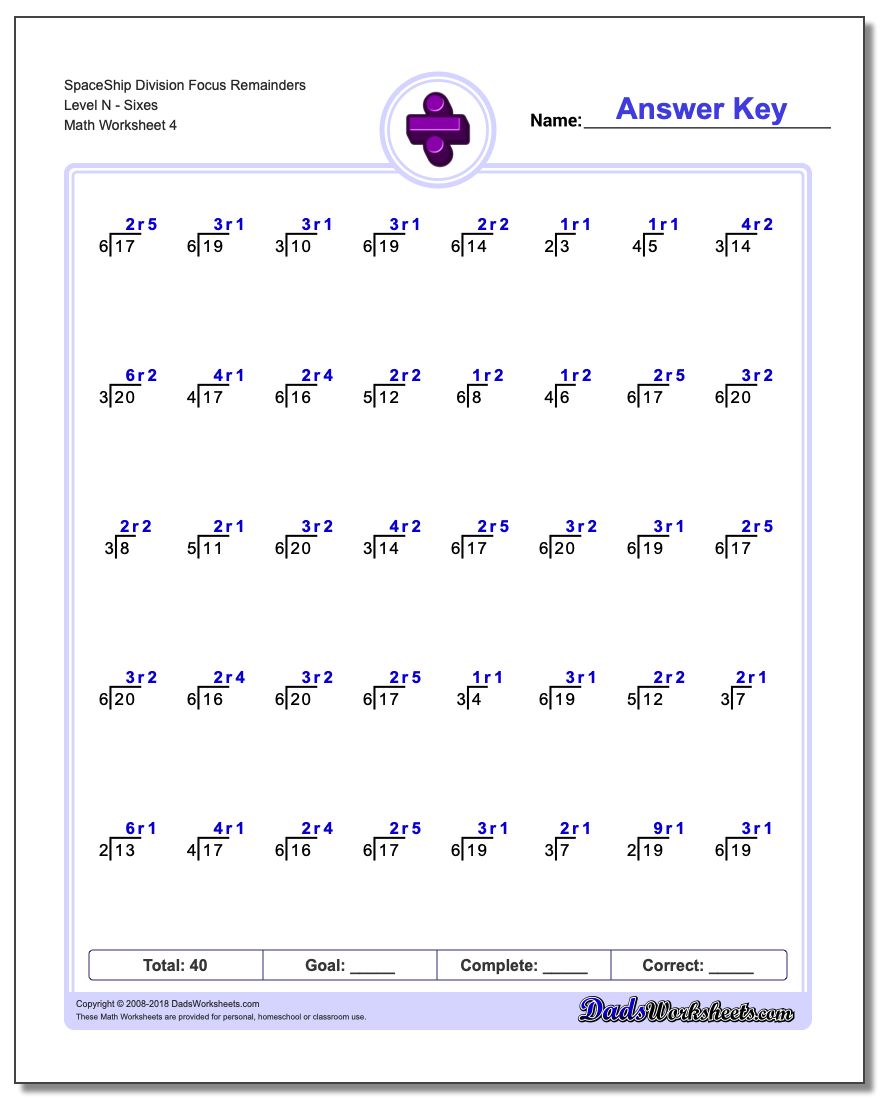 SpaceShip Division Worksheet Focus Remainders Level NSixes