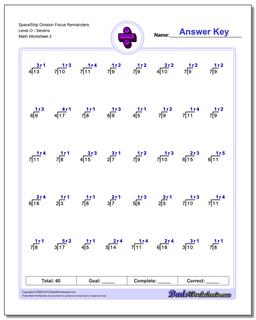 SpaceShip Division Worksheet Focus Remainders Level OSevens