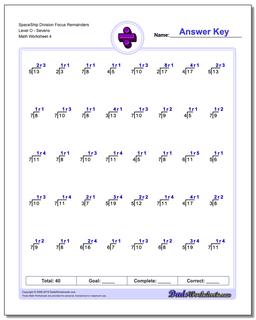 SpaceShip Division Worksheet Focus Remainders Level OSevens