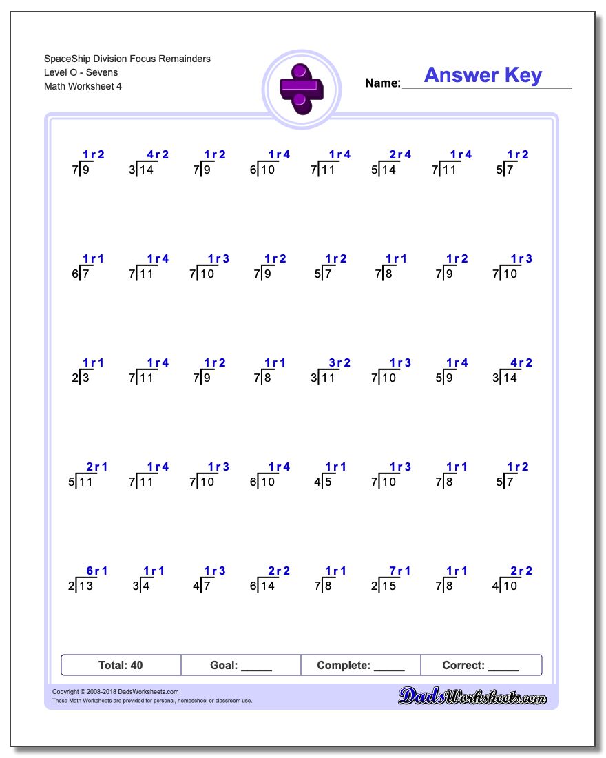 SpaceShip Division Worksheet Focus Remainders Level OSevens