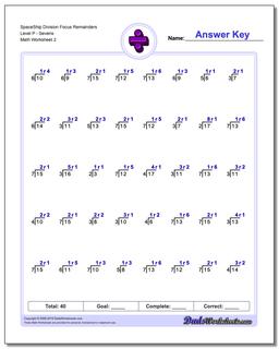 SpaceShip Division Worksheet Focus Remainders Level PSevens /worksheets/division.html