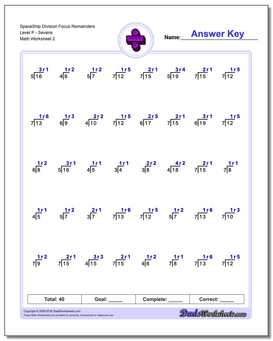 SpaceShip Division Worksheet Focus Remainders Level PSevens www.dadsworksheets.com/worksheets/division.html